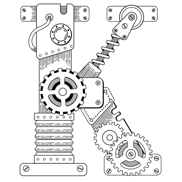 Vektorové omalovánky pro dospělé. Písmo Steampunk. Mechanická abeceda z kovových ozubených kol a různé detaily na bílém pozadí. Písmeno K - Vektor, obrázek