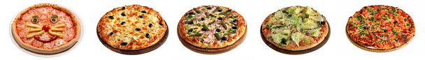 Sada 5 pizzy izolované na bílém pozadí. Obrázek rychlého občerstvení pro jídelní lístek, web design, stránky, obchod, reklama nebo doručení. Vysoce kvalitní retuše a izolace. panoramatický formát - Fotografie, Obrázek