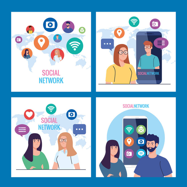 conjunto de carteles de redes sociales, personas conectadas digitalmente, interactivas, comunicación y concepto global - Vector, Imagen