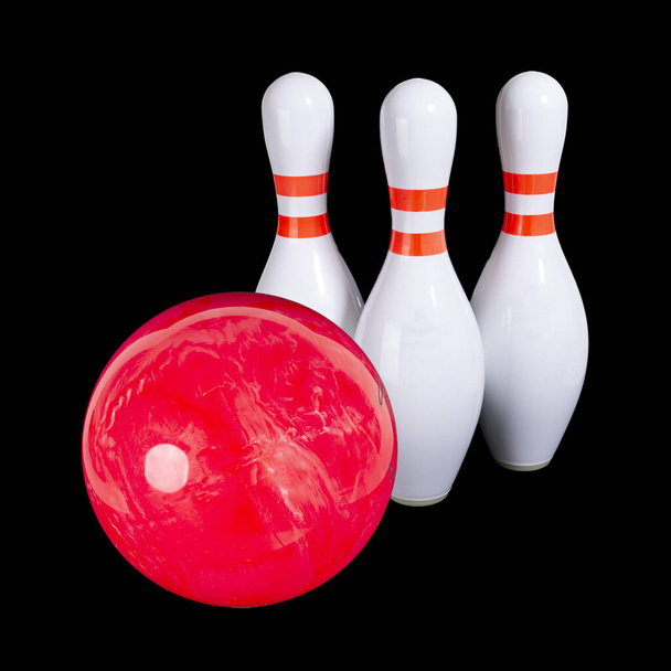 Bowling oynuyor. Siyah arka planda bowling topu ve bowling lobutları. Yazıtın için yer aç. Boşluğu kopyala - Fotoğraf, Görsel