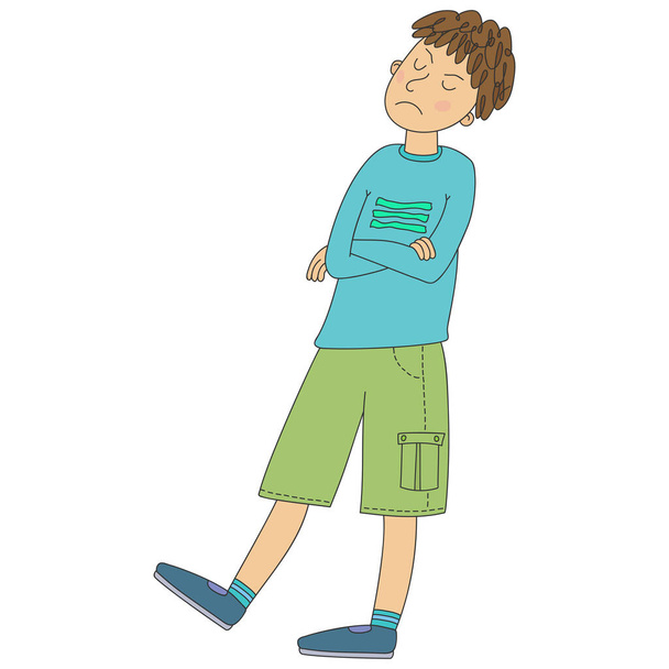 Ένας έφηβος με σορτς διπλώνει τα χέρια του στο στήθος και έχει μια προσβλητική απεικόνιση διανυσματικού προσώπου. - Διάνυσμα, εικόνα