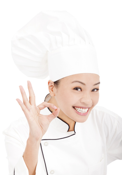 happy woman chef showing ok hand sign - Zdjęcie, obraz