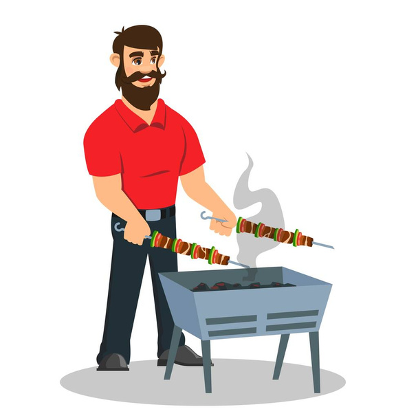Jovem homem alegre cozinhar legumes carne na grelha
 - Vetor, Imagem