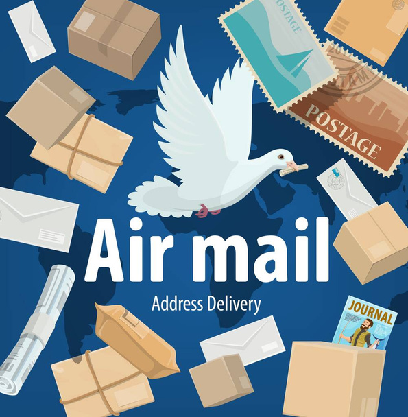 Luchtpost, vracht en pakketten levering vector poster. Cartoon witte duif op wereldkaart achtergrond met postbussen, postzegels, pakketten, tijdschriften en kranten. Exprespost postkantoor - Vector, afbeelding