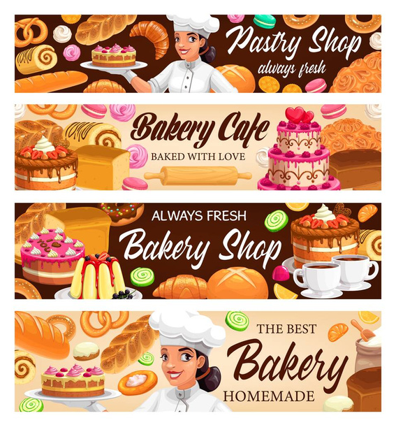 Десерти, торти і пекарні векторні банери. Печиво і булочки, свіжий солодкий десертний пончик, круасан і багет, крензель і кекс. Macaroon and meringues Baker shop pastery assortment - Вектор, зображення