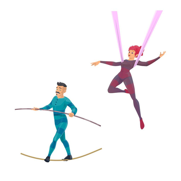 Zirkusartisten und Balancer-Vektor-Charaktere. Cartoon-Luftakrobatik-Frau zeigt eine Performance. Mann balanciert auf Seil mit Stange. Akrobat tritt auf Zirkusbühne auf - Vektor, Bild