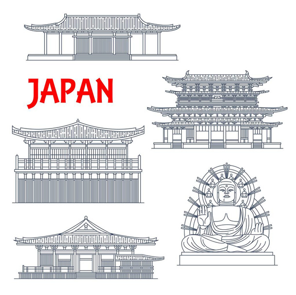 Temples japonais, sanctuaires et pagodes japonaises à Nara, architecture bouddhiste, statue de Bouddha, repères vectoriels. Sin Yakushi-ji, temples Sangatsu-do et Nigatsu-do, salle principale Kondo et Big Buddha - Vecteur, image