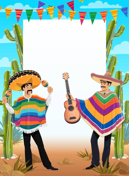 メキシコのシンコ・デ・マヨのポスターメキシコの休日の祭りやお祝いパーティー、ベクトルの背景。シンコ・デ・マヨ5月5日メキシコの休日の男性でsombreroとponchoでギター、サボテンとバンティングフラグ - ベクター画像