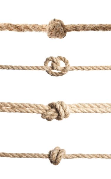 Set of hemp ropes with knots on white background - Φωτογραφία, εικόνα