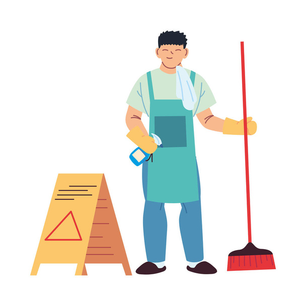 takarító férfi kesztyűvel és tisztítóeszközökkel - Vektor, kép