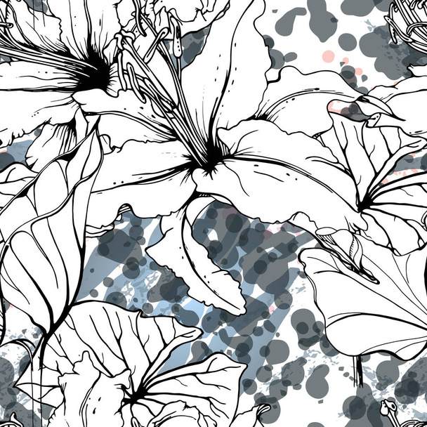 Floral Black White Pattern. Modern Watercolor - ベクター画像