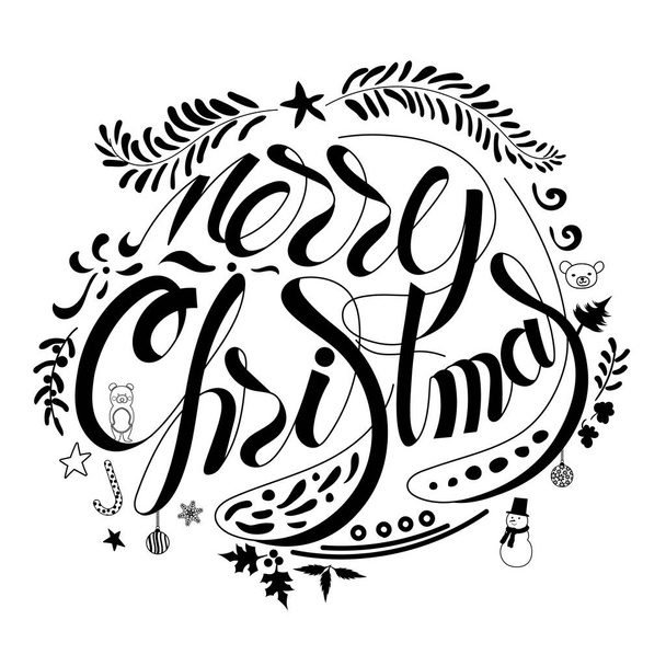 Merry Christmas hand drawn lettering with ornaments doodle for decoration on white background. vector illustration - Wektor, obraz