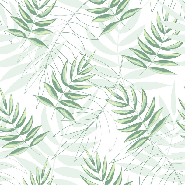 Tropische Blätter und Blüten. Zartes, nahtloses Muster. Vektor-Illustration isoliert auf weißem Hintergrund. - Vektor, Bild