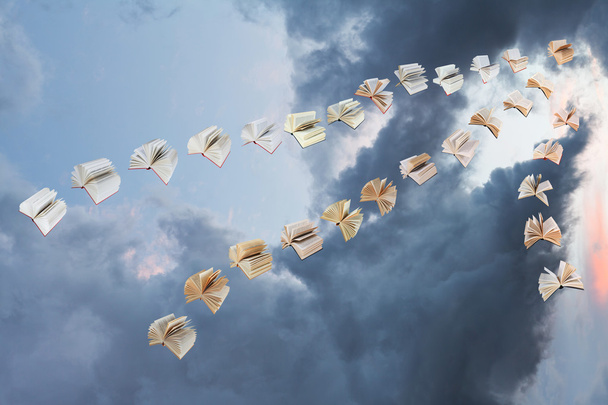 flock of flying books in storm clouds - Photo, Image