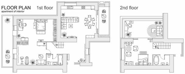 Progettazione di due piani appartamento con mobili arrangiamento. Disegno architettonico della casa (vista dall'alto). Progetto di interni planimetria dall'alto. Layout vettoriale - Vettoriali, immagini