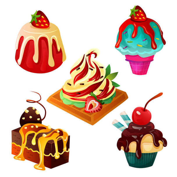 sweet and dessert food with cream on top set - Vector, afbeelding