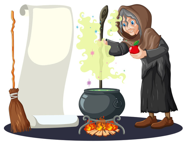 Alte Hexe mit schwarzem Zaubertopf und Besen und leerem Banner Papier Cartoon-Stil isoliert auf weißem Hintergrund Illustration - Vektor, Bild