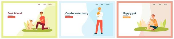 Cartoon dog and owner banner set - best friend, careful veterinary, happy pet - ベクター画像