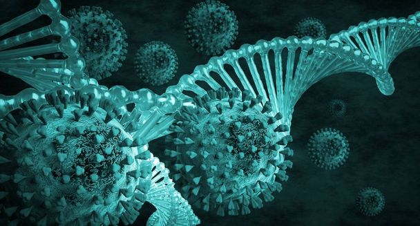 Viruksia ja DNA:ta. 3d renderöity viruskuva, jossa on DNA-molekyyli. - Valokuva, kuva