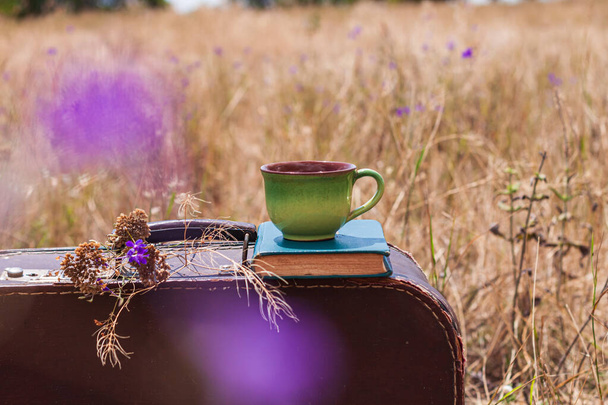 Bruine vintage koffer met oud boek, gedroogde wilde paarse bloemen en kopje thee op gras achtergrond. Atmosferische retro herfststilleven. Ochtend ontbijt outdoor wallpaper, ansichtkaart. - Foto, afbeelding