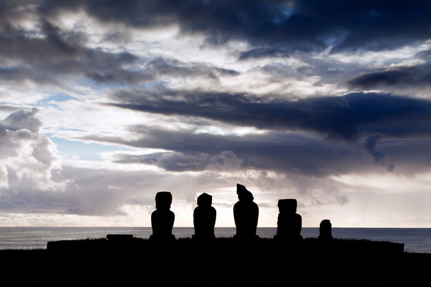 Five moais in silhouette in blue evening light in Easter Island - Photo, Image