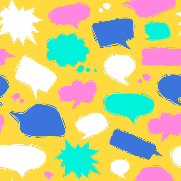 Beszéd buborék zökkenőmentes minta linokut stílusban. Színes nyomat sárga háttér - Vektor, kép