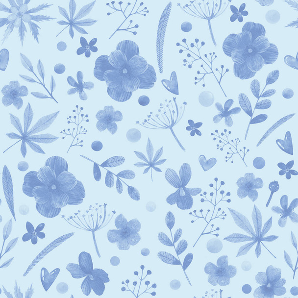 Watercolor monochrome blue floral seamless pattern with flowers and leaves - Photo, Image