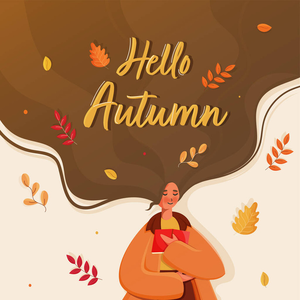 Young Girl Reading a Book with Flowing Long Hair and Leaves Decorated Background for Hello Autumn. - Вектор, зображення