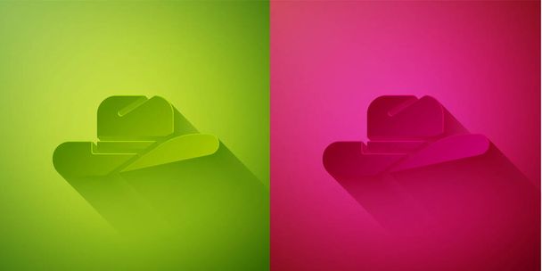 Papiergeschnittene westliche Cowboyhut-Ikone isoliert auf grünem und rosa Hintergrund. Papierkunst. Vektorillustration. - Vektor, Bild