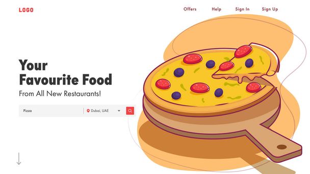 Responsive Landing Page Design With Presented Delicious Pizza Illustration For Restaurant. - Vektor, kép