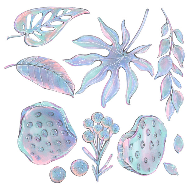 Leaves Tropical Plant Blue Pink illustration - 写真・画像