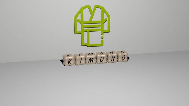 3D графическое изображение кимоно вертикально вместе с текстом, построенным металлическими кубическими буквами с верхней точки зрения, отлично подходит для презентации концепции и слайд-шоу. японский и азиатский - Фото, изображение