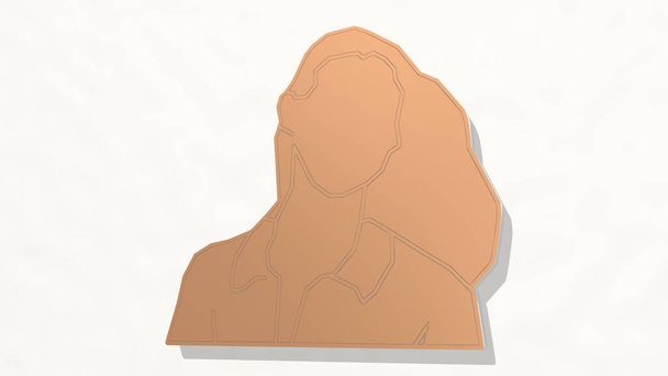 Frauenkopf, hergestellt durch 3D-Illustration einer metallisch glänzenden Skulptur auf einer Wand mit hellem Hintergrund. schön und jung - Foto, Bild