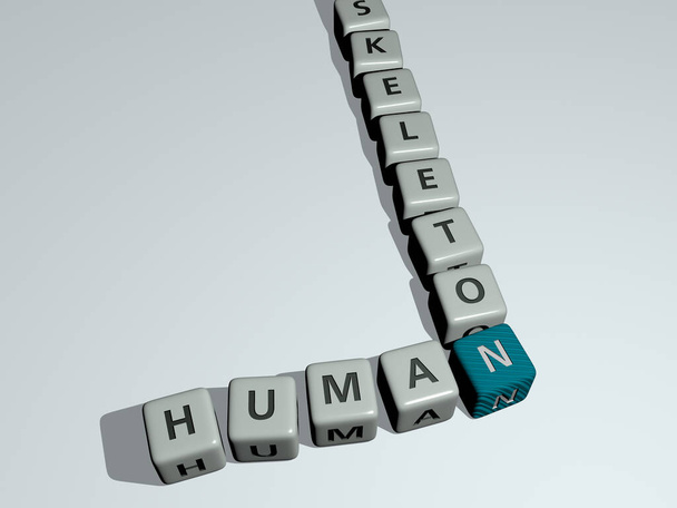 combinatie van menselijk skelet gebouwd door kubieke letters vanuit het topperspectief, uitstekend voor de conceptpresentatie. illustratie en achtergrond - Foto, afbeelding