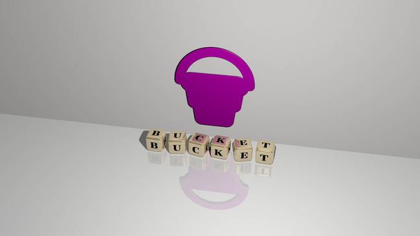 3D графічне зображення BUCKET вертикально поряд з текстом, побудованим металевими кубічними літерами з верхньої точки зору, відмінно підходить для презентації концепції та показу слайдів. ілюстрація і фон
 - Фото, зображення