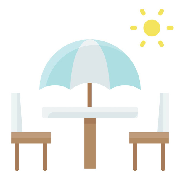 Paraguas de playa con escritorio y sillas icono, Venta de verano vector relacionado ilustración - Vector, imagen