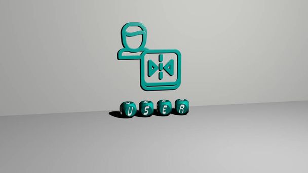 3D grafische beeld van USER verticaal samen met tekst gebouwd door metalen kubieke letters vanuit het bovenste perspectief, uitstekend voor de concept presentatie en diavoorstellingen. illustratie en icoon - Foto, afbeelding