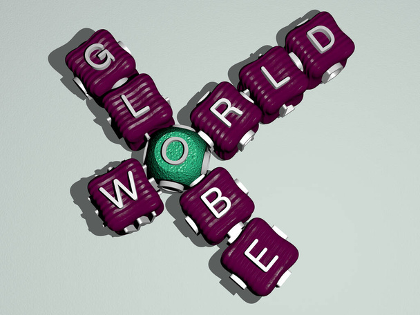 WORLD GLOBE kombiniert mit Würfelbuchstaben und Farbkreuzungen für die damit verbundenen Bedeutungen des Konzepts. Abbildung und Hintergrund - Foto, Bild