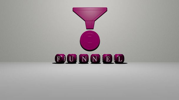 Representación 3D de FUNNEL con icono en la pared y texto dispuesto por letras cúbicas metálicas en un piso espejo para el significado del concepto y presentación de diapositivas. ilustración y fondo
 - Foto, imagen