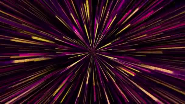 Geel roze violet paars neon gloeiende stralen ster barsten abstracte achtergrond. Galaxy warp lichtsnelheid beweging. Kleurrijk vuurwerk, big bang. Bewegend door sterren. 4K 3D rendering naadloze lus wallpaper. - Video