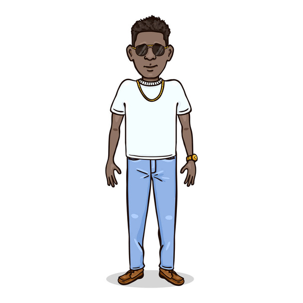 Vektor rajzfilm karakter - gazdag fiatal afroamerikai férfi fehér pólóban és farmer - Vektor, kép
