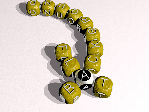 kruiswoordpuzzels van TERUG FLAT gerangschikt met kubieke letters op een spiegelvloer, concept betekenis en presentatie. illustratie en samenvatting - Foto, afbeelding