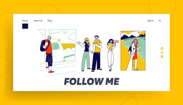 Follow Me Gesture Landing Page Template. Characters Outstretching Hand Smiling Woman Hold Hand First Person View - Vector, Image