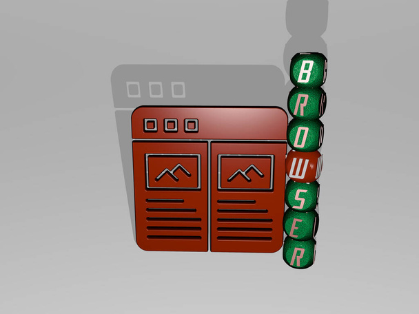 3D иллюстрация графики браузера и текста вокруг иконки, выполненной металлическими буквами кубиков для соответствующих значений концепции и презентаций. компьютер и бизнес - Фото, изображение