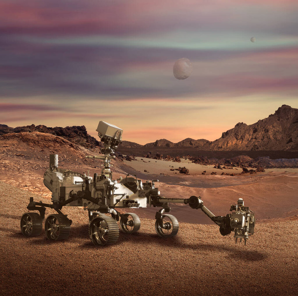 Иллюстрация марсохода Perseverance, исследующего скалистый ландшафт планеты Марс. Некоторые элементы, предоставленные НАСА. - Фото, изображение