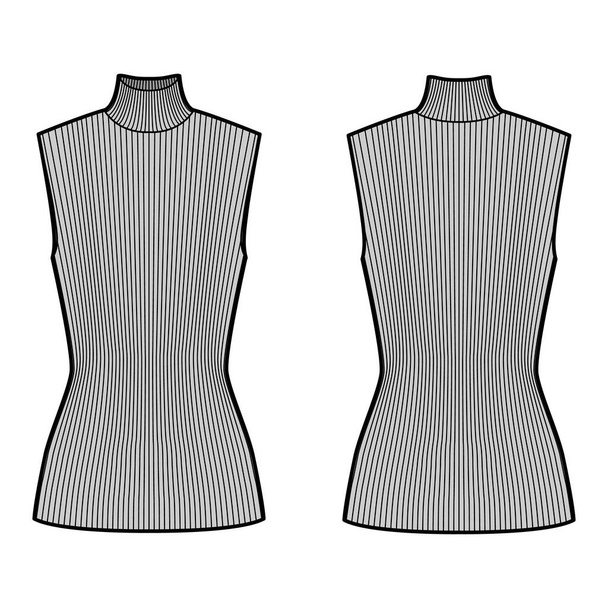 Turtleneck rib sweater technical fashion illustration with fitted tunic length body, sleeveless jumper.  - Vector, Image