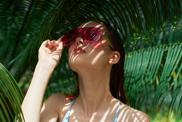  mulher óculos maiô verão palmas exóticas
 - Foto, Imagem