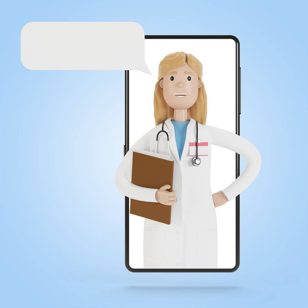 Екран смартфона з лікарем-жінкою. Онлайн-консультації, медичні послуги. 3D ілюстрація в мультиплікаційному стилі
. - Фото, зображення