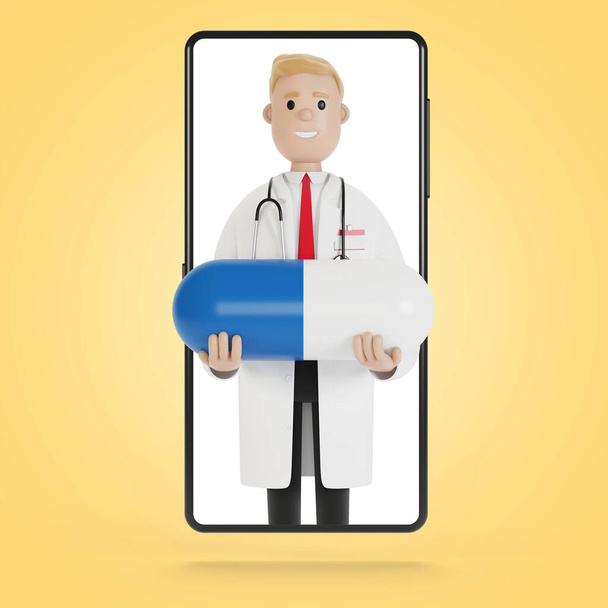 Αρσενικό γιατρό με ένα μεγάλο μπλε δισκίο στην οθόνη smartphone. 3D εικονογράφηση σε στυλ κινουμένων σχεδίων. - Φωτογραφία, εικόνα