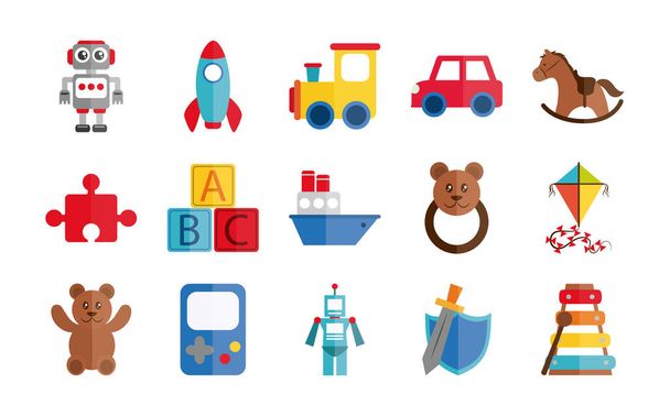 juguete de dibujos animados robot cohete tren caballo barco, objeto para que los niños pequeños jueguen, conjunto de iconos de estilo plano - Vector, imagen